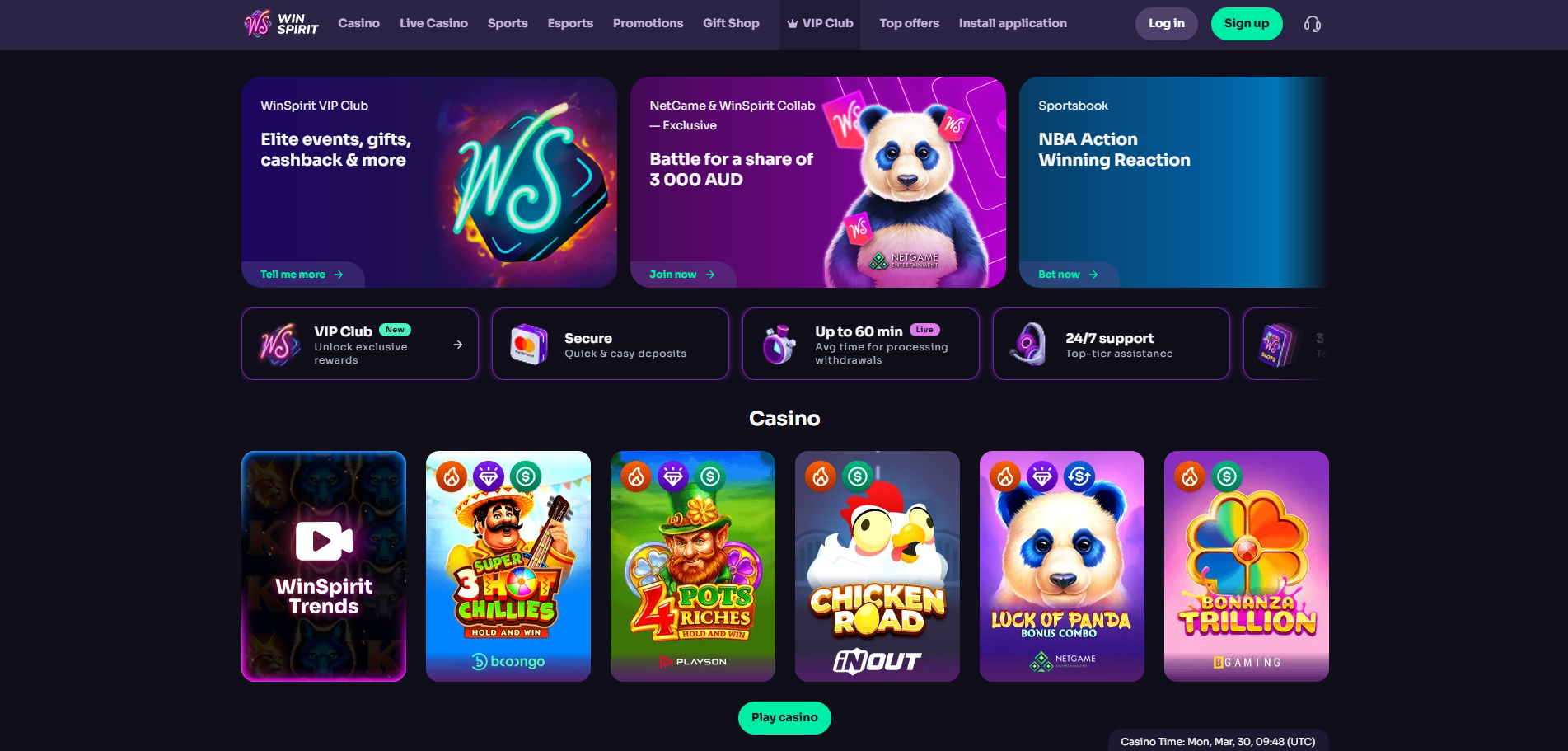 WinSpirit Casino-Übersicht mit Kassenbereich